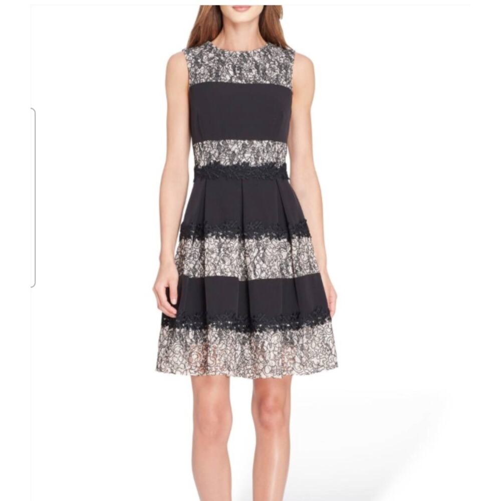 Tahari L32016 Women's Black Lace Zipper Stripe Fit Flare Cocktail Dress Size 10P
